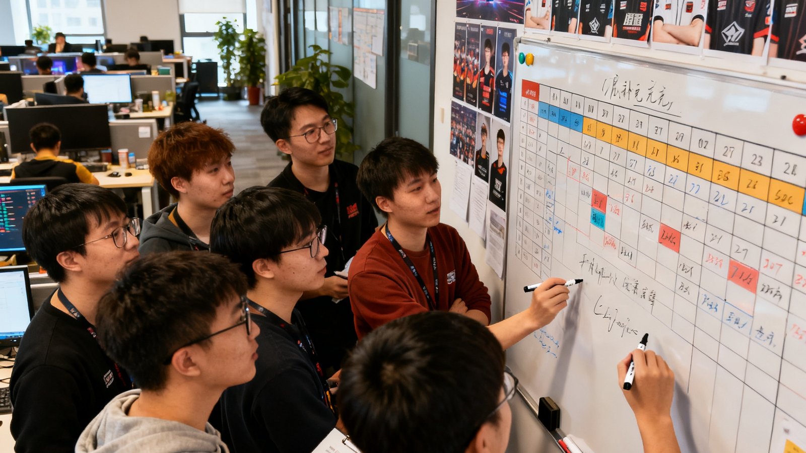 虎扑电竞编辑部开放式办公区，十几位年轻编辑围在白板前用记号笔激烈讨论下周专题选题方向，墙上贴满赛事日程表和选手照片