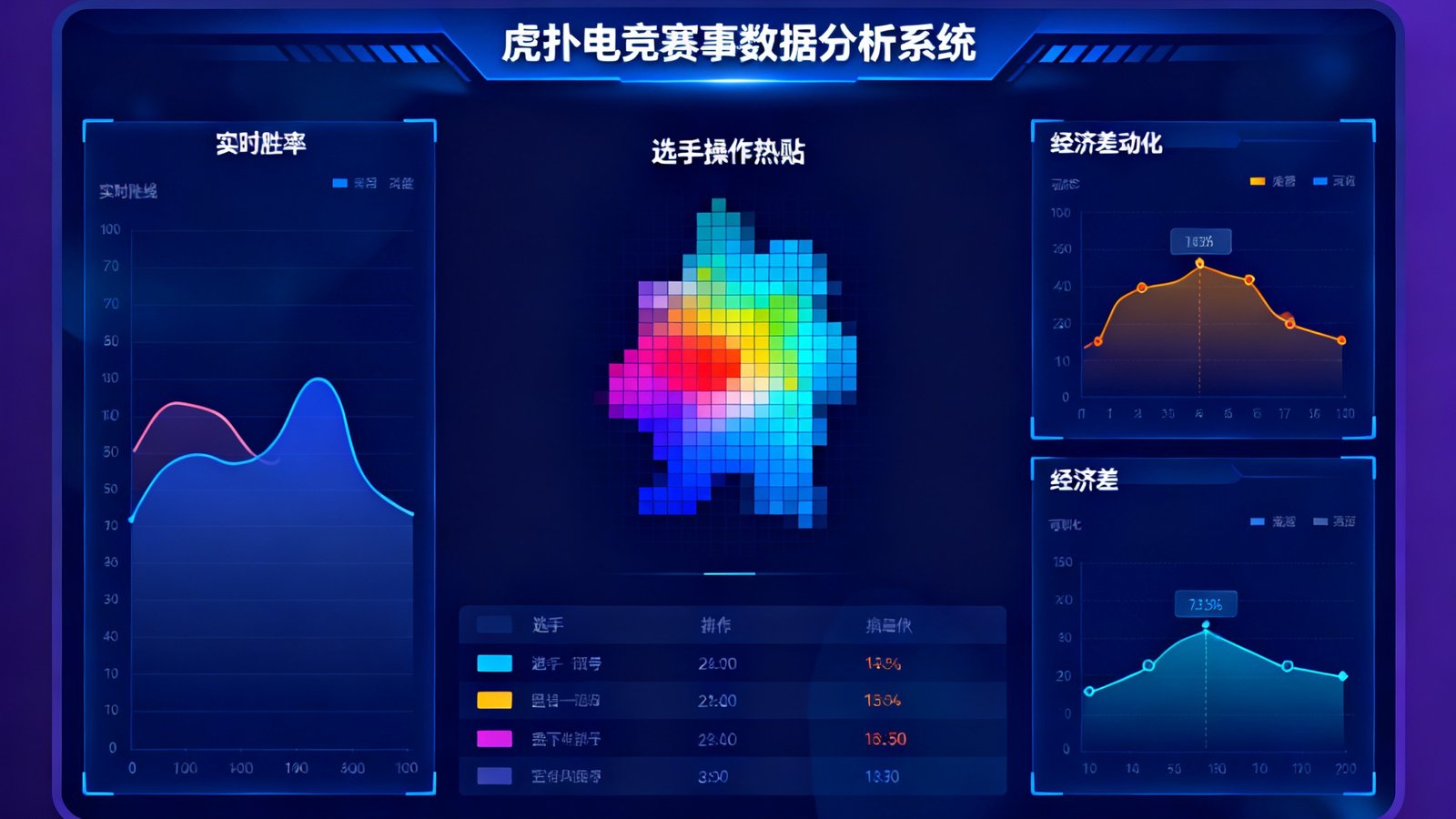 虎扑电竞自主研发的赛事数据分析系统界面，展示实时胜率曲线、选手操作热力图和经济差动态变化图表